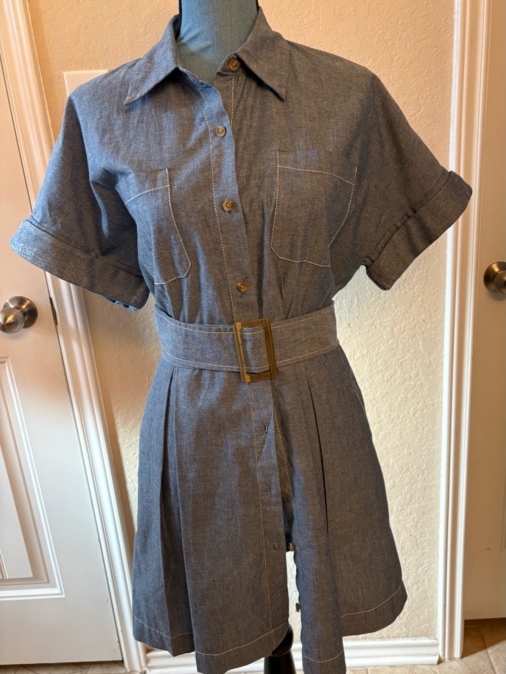 Banana Republic Blue Chambray Short-Sleeve Belted Midi Dress - Picture 5 of 9